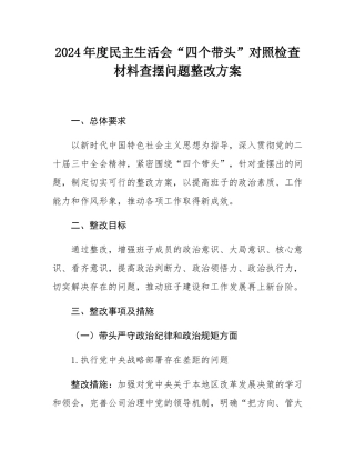 2024年度民主SH会“四个带头”对照检查材料查摆问题整改方案.docx