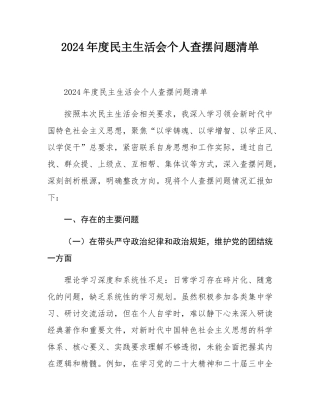 2024年度民主SH会个人查摆问题清单.docx