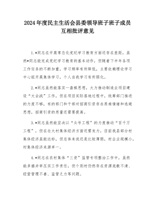 2024年度民主SH会县委领导班子班子成员互相批评意见.docx