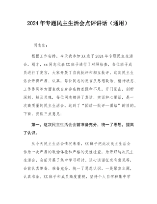 2024年专题民主SH会点评讲话（通用）.docx