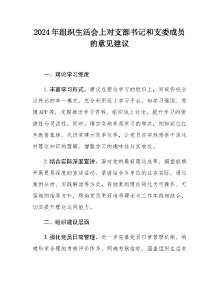2024年组织SH会上对支部书记和支委成员的意见建议.docx