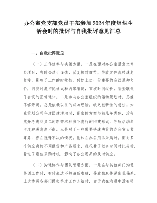 办公室党支部党员干部参加2024年度组织SH会时的批评与自我批评意见汇总.docx