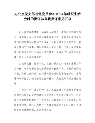 办公室党支部普通党员参加2024年组织SH会时的批评与自我批评意见汇总.docx