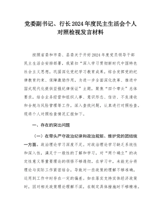 党委副书记、行长2024年度民主SH会个人对照检视发言材料.docx