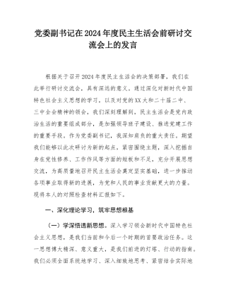 党委副书记在2024年度民主SH会前研讨交流会上的发言.docx