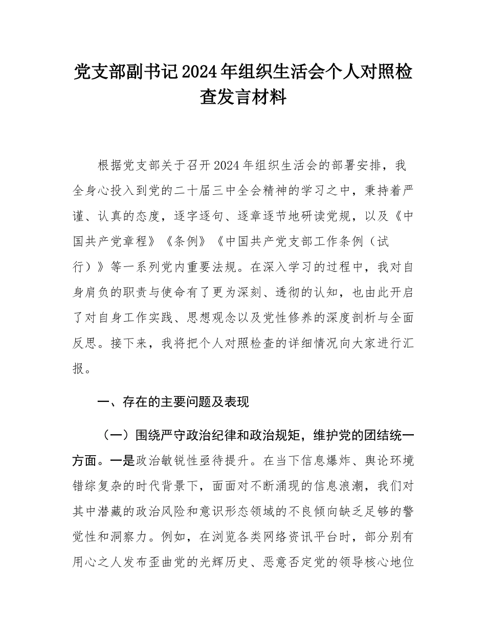 党支部副书记2024年组织SH会个人对照检查发言材料.docx_第1页