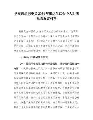 党支部组织委员2024年组织SH会个人对照检查发言材料.docx