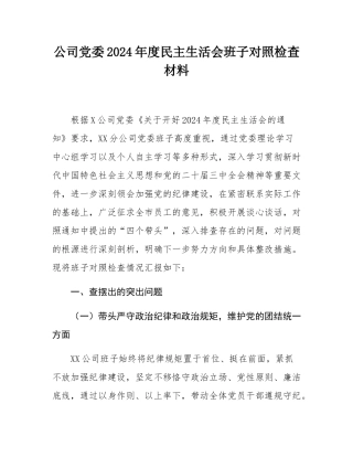 公司党委2024年度民主SH会班子对照检查材料.docx