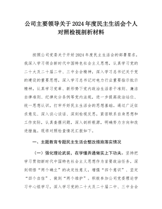 公司主要领导关于2024年度民主SH会个人对照检视剖析材料.docx