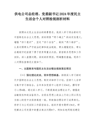 供电公司总经理、党委副书记2024年度民主SH会个人对照检视剖析材料.docx