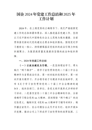 国企党委2024年党建工作总结和2025年工作计划.docx