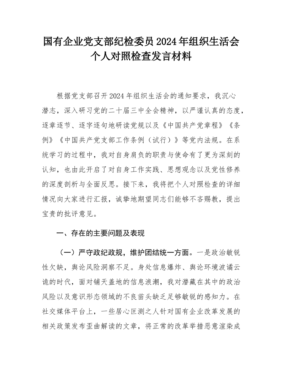 国有企业党支部纪检委员2024年组织SH会个人对照检查发言材料.docx_第1页