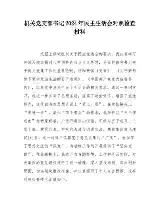 机关党支部书记2024年民主SH会对照检查材料.docx