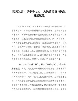 交流发言：以拳拳之心，为民营经济与民生发展赋能.docx