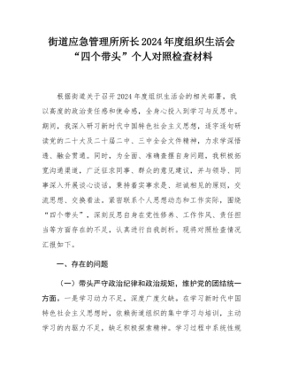 街道应急管理所所长2024年度组织SH会“四个带头”个人对照检查材料.docx