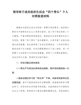 领导班子成员组织SH会“四个带头”个人对照检查材料.docx