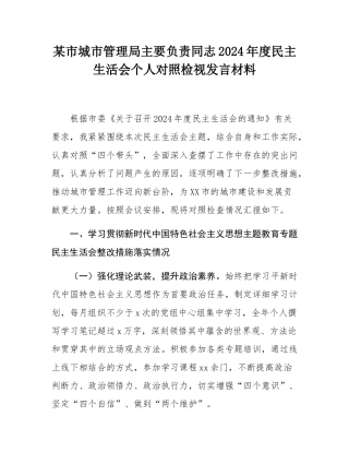 某市城市管理局主要负责同志2024年度民主SH会个人对照检视发言材料.docx