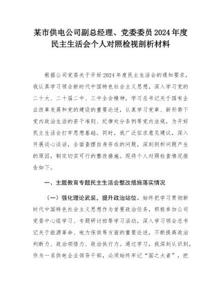 某市供电公司副总经理、党委委员2024年度民主SH会个人对照检视剖析材料.docx
