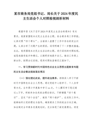 某市商务局党组书记、局长关于2024年度民主SH会个人对照检视剖析材料.docx