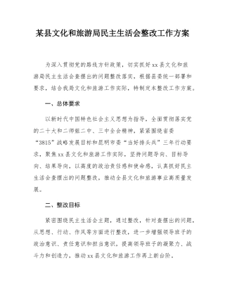 某县文化和旅游局民主SH会整改工作方案.docx