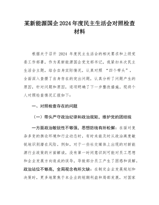 某新能源国企2024年度民主SH会对照检查材料.docx