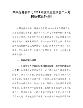 某银行党委书记2024年度民主SH会个人对照检视发言材料.docx