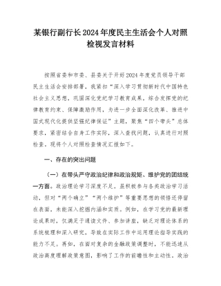 某银行副行长2024年度民主SH会个人对照检视发言材料.docx