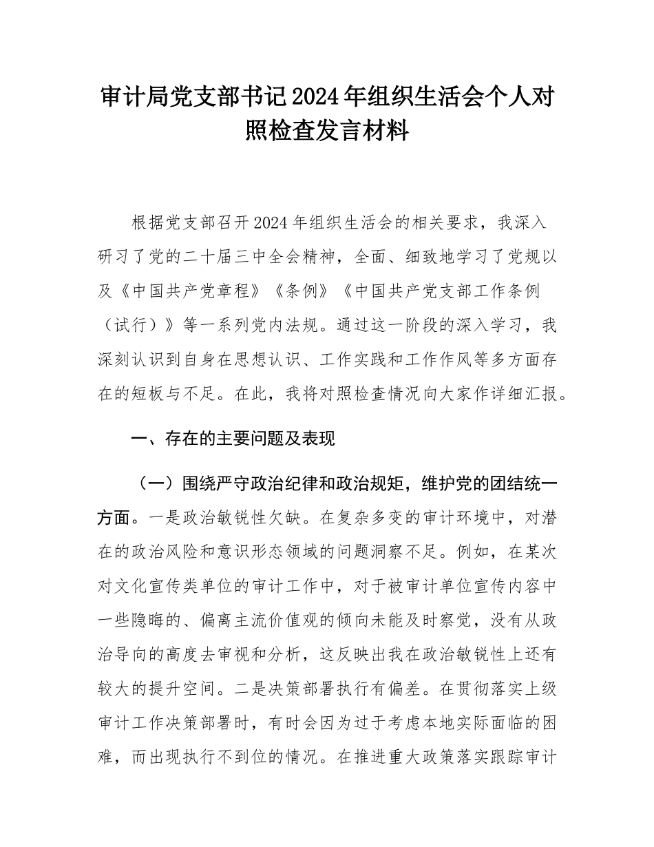 审计局党支部书记2024年组织SH会个人对照检查发言材料.docx_第1页