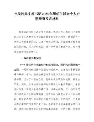 市党校党支部书记2024年组织SH会个人对照检查发言材料.docx