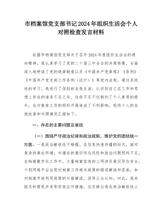 市档案馆党支部书记2024年组织SH会个人对照检查发言材料.docx
