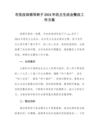 市发改局领导班子2024年民主SH会整改工作方案.docx