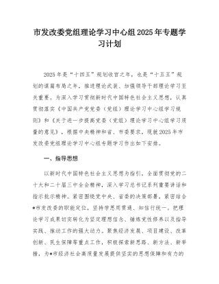 市发改委党组理论学习中心组2025年专题学习计划.docx