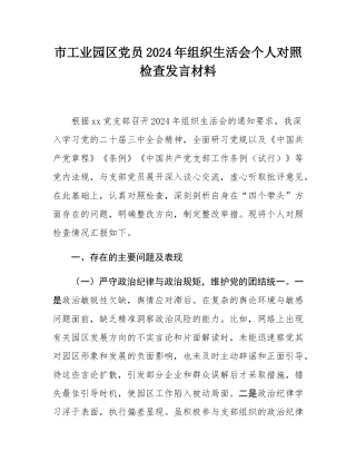 市工业园区党员2024年组织SH会个人对照检查发言材料.docx