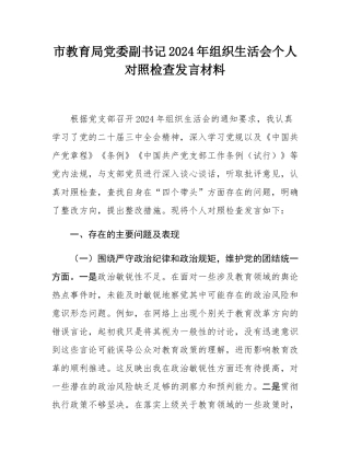 市教育局党委副书记2024年组织SH会个人对照检查发言材料.docx