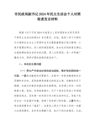 市民政局副书记2024年民主SH会个人对照检查发言材料.docx