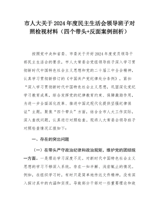 市人大关于2024年度民主SH会领导班子对照检视材料（四个带头+反面案例剖析）.docx