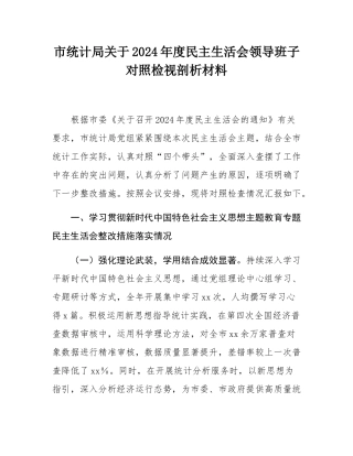 市统计局关于2024年度民主SH会领导班子对照检视剖析材料.docx