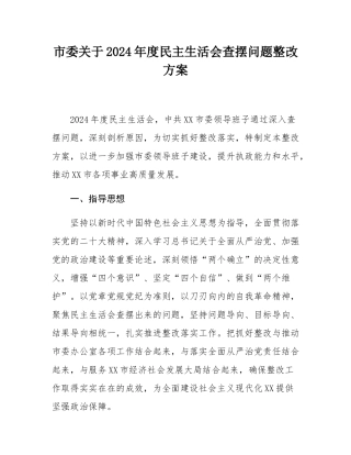 市委关于2024年度民主SH会查摆问题整改方案.docx