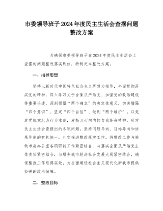 市委领导班子2024年度民主SH会查摆问题整改方案.docx