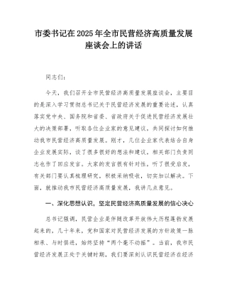 市委书记在2025年全市民营经济高质量发展座谈会上的讲话.docx