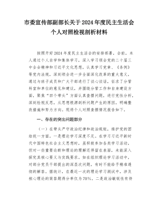 市委宣传部副部长关于2024-2025年度民主SH会个人对照检视剖析材料.docx