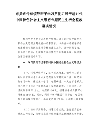 市委宣传部领导班子学习贯彻新时代中国特色社会主义思想专题民主SH会整改落实情况.docx