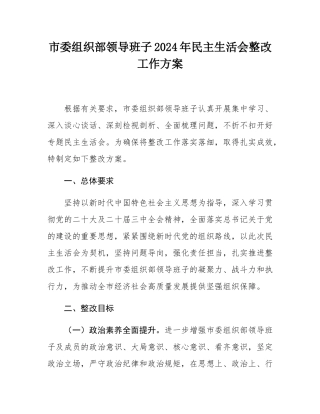 市委组织部领导班子2024年民主SH会整改工作方案.docx
