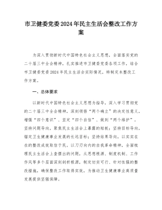 市卫健委党委2024年民主SH会整改工作方案.docx