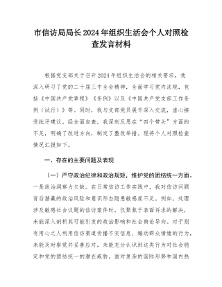 市信访局局长2024年组织SH会个人对照检查发言材料.docx