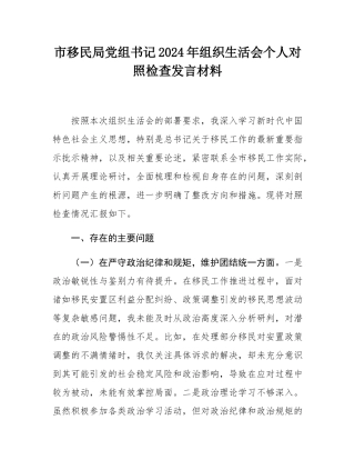 市移民局党组书记2024年组织SH会个人对照检查发言材料.docx
