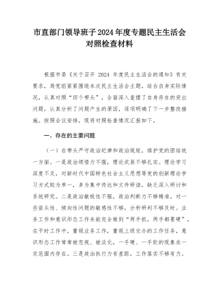 市直部门领导班子2024年度专题民主SH会对照检查材料.docx
