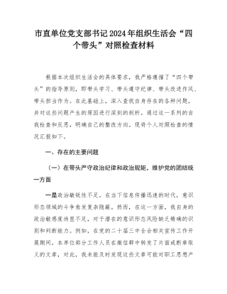 市直单位党支部书记2024年组织SH会“四个带头”对照检查材料.docx