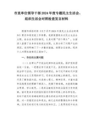 市直单位领导干部2024-2025年度专题民主SH会、组织SH会对照检查发言材料.docx