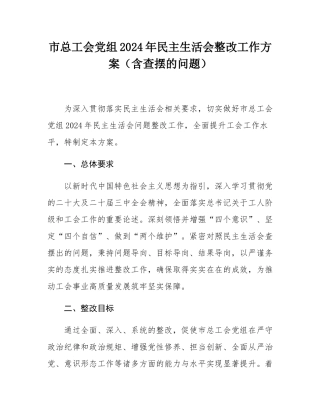 市总工会党组2024年民主SH会整改工作方案（含查摆的问题）.docx